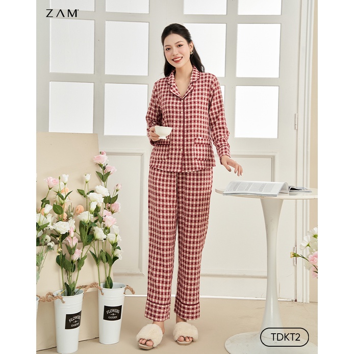BỘ NGỦ SHE BY ZAM - TDKT2 - BỘ DÀI TAY KẺ THÔ COTTON ĐỎ