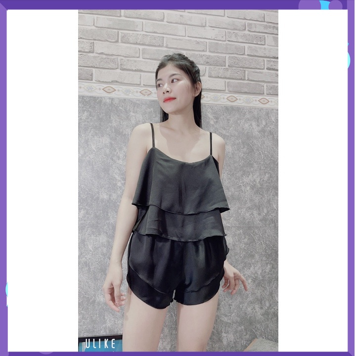 Đồ ngủ lụa đùi 2 dây, Bộ ngủ 2 dây ngắn, set đồ bộ nữ 2 dây satin freesize 54kg - CN87