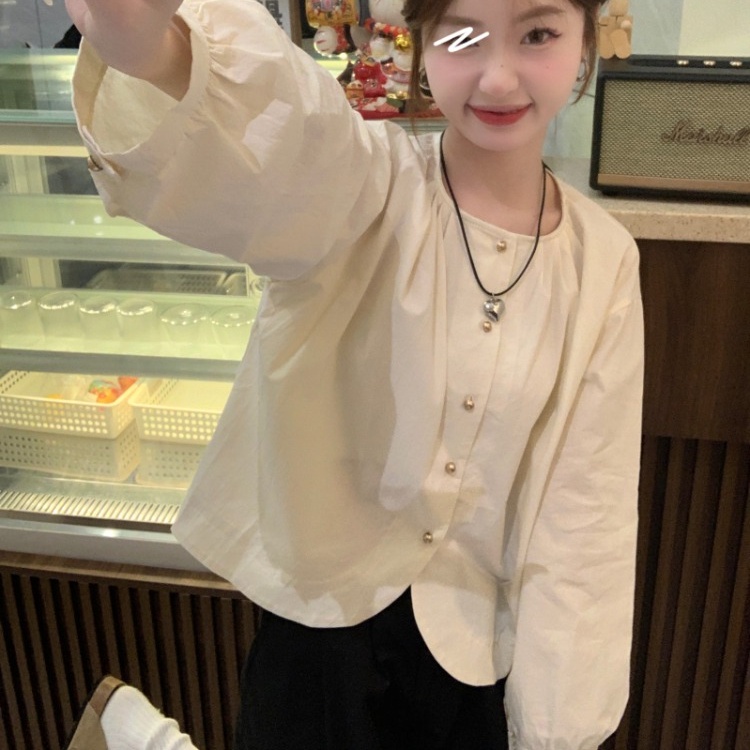 Liên Kết Liên Kết Với Nhau ♥ Áo Sơ Mi Tay Dài Cổ Tròn Màu Sắc Đơn Giản Phong Cách Hàn Quốc Thời Trang Cho Nữ