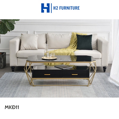 Bàn trà chữ nhật sofa H2 FURNITURE khung kim loại mặt đá, bàn 2 tầng có ngăn kéo cho phòng khách, phòng chờ