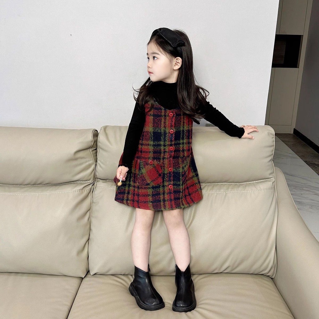 Set Áo Váy Len Họa Tiết Caro Thời Trang Mùa Thu Cho Bé Gái