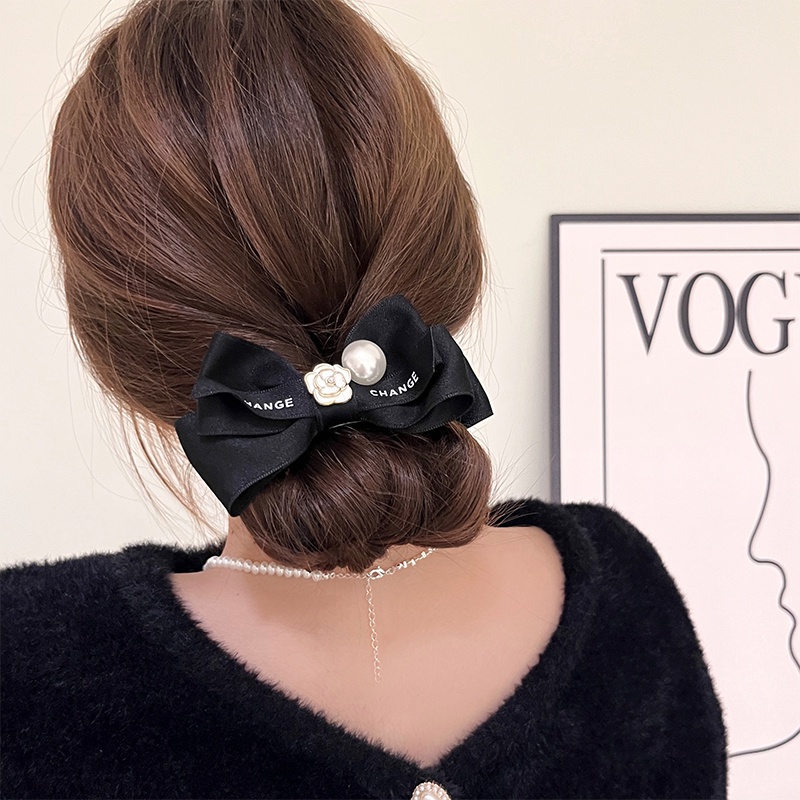 Đen Kẹp Tóc Hình Nơ Đính Hoa Trà Trắng Thời Trang Cho Nữ