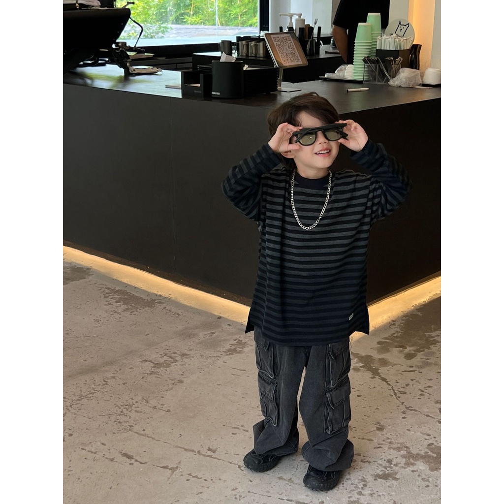 Áo thun dài tay cho bé trai AB784 size 90-140 sọc ngang tông đen xám, thời trang trẻ em thu đông 2023