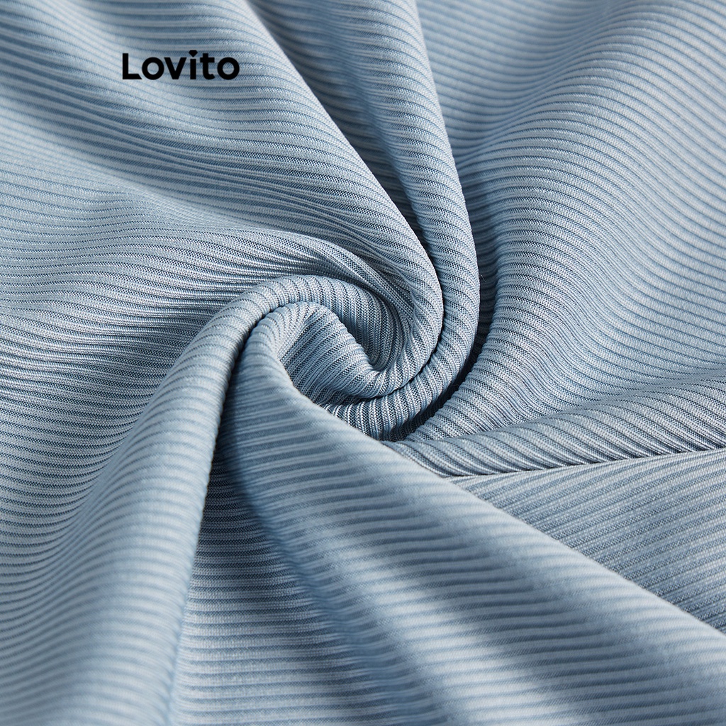 Áo thun Lovito trễ vai lật gấu màu trơn thường ngày cho nữ L61AD042 (Màu xanh dương)