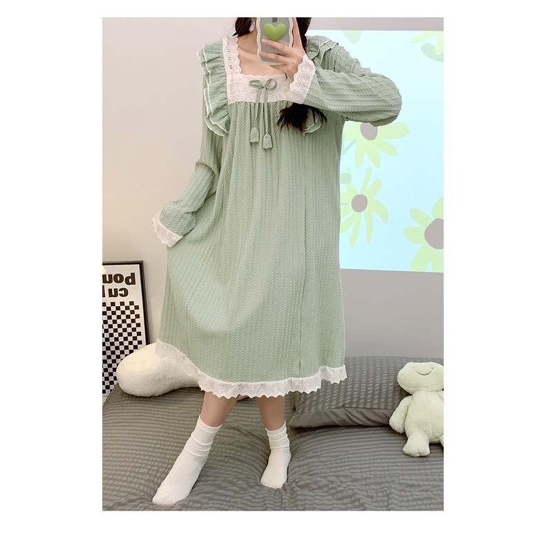 Đầm Ngủ Tay Dài Phối Ren Đơn Giản Phong Cách Công Chúa Hàn Quốc Thời Trang Xuân Thu Hàng Mới Dành Cho Bạn Nữ HXVN1015