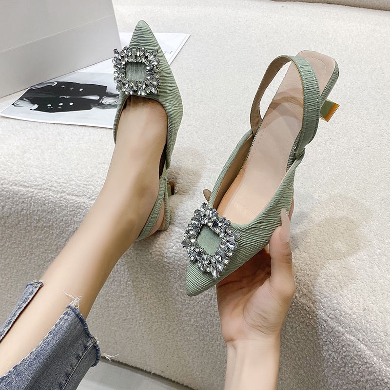 Sandal Mũi Nhọn Gót Dày Đính Đá Phong Cách Thời Trang Pháp Hàng Mới 2023