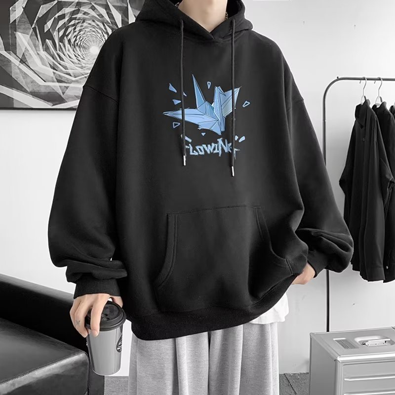 Áo hoodie Tay Dài Dáng Rộng In Họa Tiết Chim Hạc Giấy Thời Trang Hàn Quốc Cho Nam