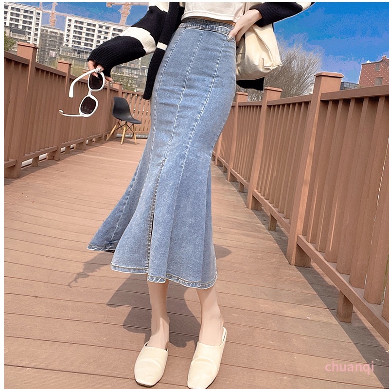 Chân váy jean Đuôi Cá Lưng Cao Co Giãn Xẻ Tà Thời Trang Xuân Thu Quyến Rũ Cho Nữ