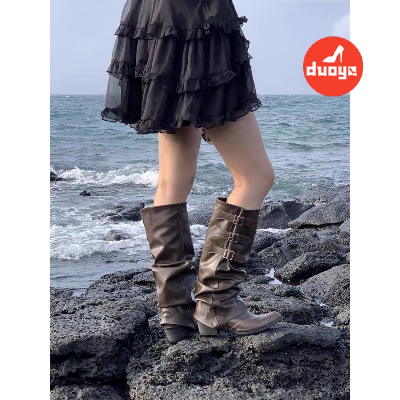 Duooya hair Thẳng ~  Giày Bốt Cao Bồi Ống Dài Gấp Gọn Gót Dày Màu Nâu Phương Tây Miễn Phí Vận Chuyển