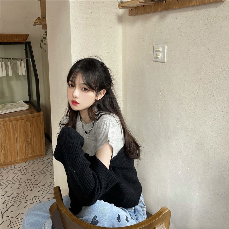 Áo sweater Dệt Kim Tay Dài Hở Vai Màu Sắc Tương Phản Phong Cách Hàn Quốc Thời Trang Thu Đông Cho Nữ