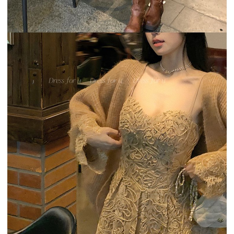 New sling lace dress soft waxy slimming sweater cardigan suit for girls dress long sleeve retro sweater two-piece suit