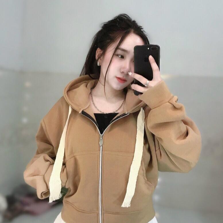 Áo khoác nữ lửng nỉ cotton nón rộng dây nón to