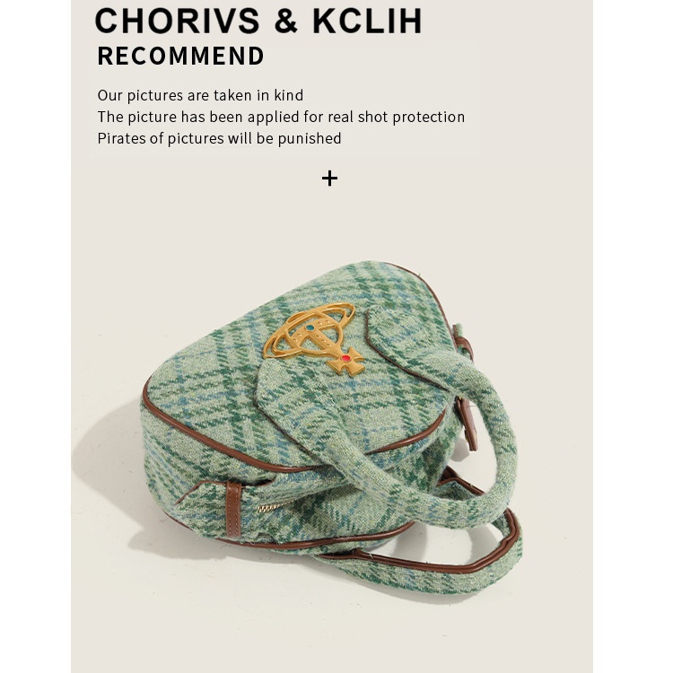 Túi Len Đeo Chéo Vai Họa Tiết Caro Màu Xanh Lá Cây Trẻ Trung Hợp Thời Trang