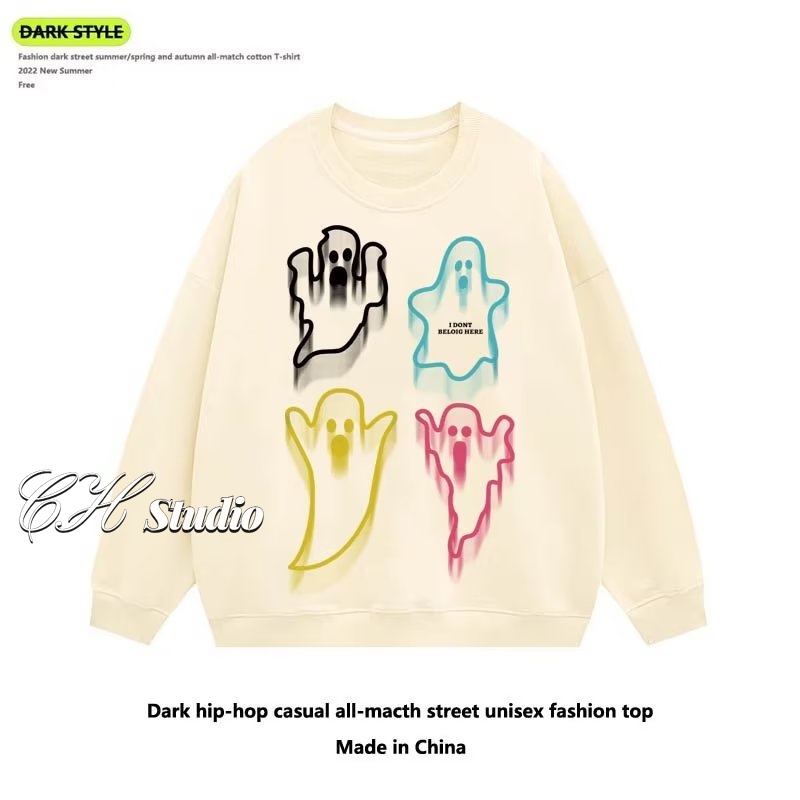 Áo Sweater Dáng Rộng In Hình Ma Dễ Thương Kiểu Đường Phố Mỹ Thời Trang Xuân Thu Cho Nam