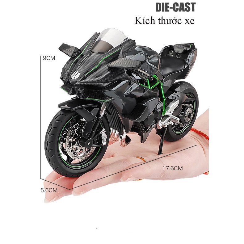 Mô hình xe mô tô Kawasaki Ninja H2R bằng hợp kim nguyên khối có nhạc và đèn tỷ lệ 1:12 tặng ô tô