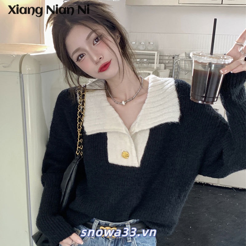 Xiang Nan Áo sweater Dệt Kim Có Cổ Dáng Ôm Tay Dài Tương Phản Kiểu Pháp Thời Trang Thu Đông Cho Nữ