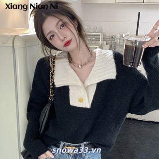 Áo sweater XIANG NIAN NI dệt kim có cổ dáng ôm tay dài tương phản kiểu Pháp thời trang thu đông cho nữ