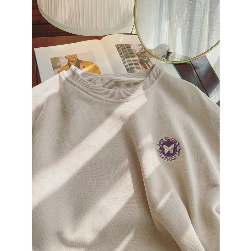 Áo Nỉ Mỏng Cổ Tròn Dáng Rộng Thêu Hình Bướm Phong Cách Xuân Thu Mới Cho Nữ