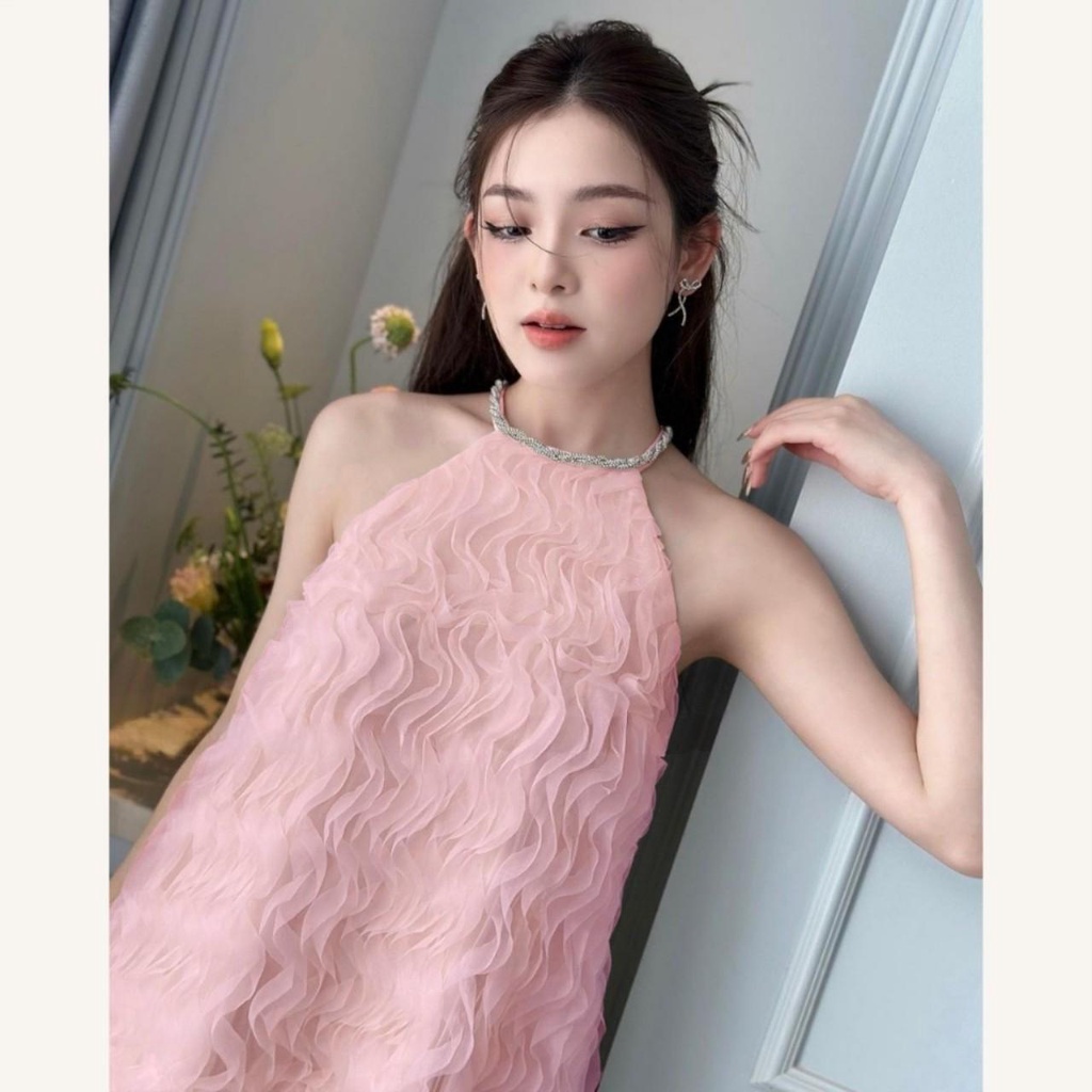 V179 - Váy tơ sóng cổ yếm thêu đá 2 màu của Mẹ và Bé - Tiny Winy xinh xỉu cho bé