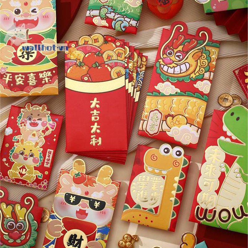 Set 6 Bao Lì Xì Hình Rồng Đỏ May Mắn Cho Năm Mới 2024