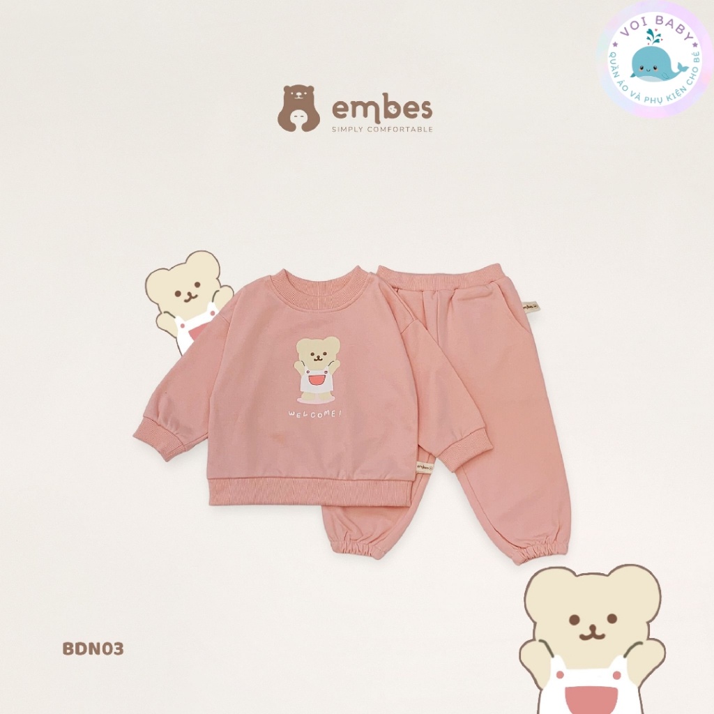 Bộ dài tay nỉ da cá in gấu cho bé trai bé gái Embes
