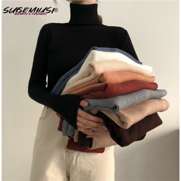 Sugemiusi Áo sweater Dệt Kim Cổ Lọ Dáng Ôm Màu Đen Thời Trang Thu Đông Dễ Phối Đồ