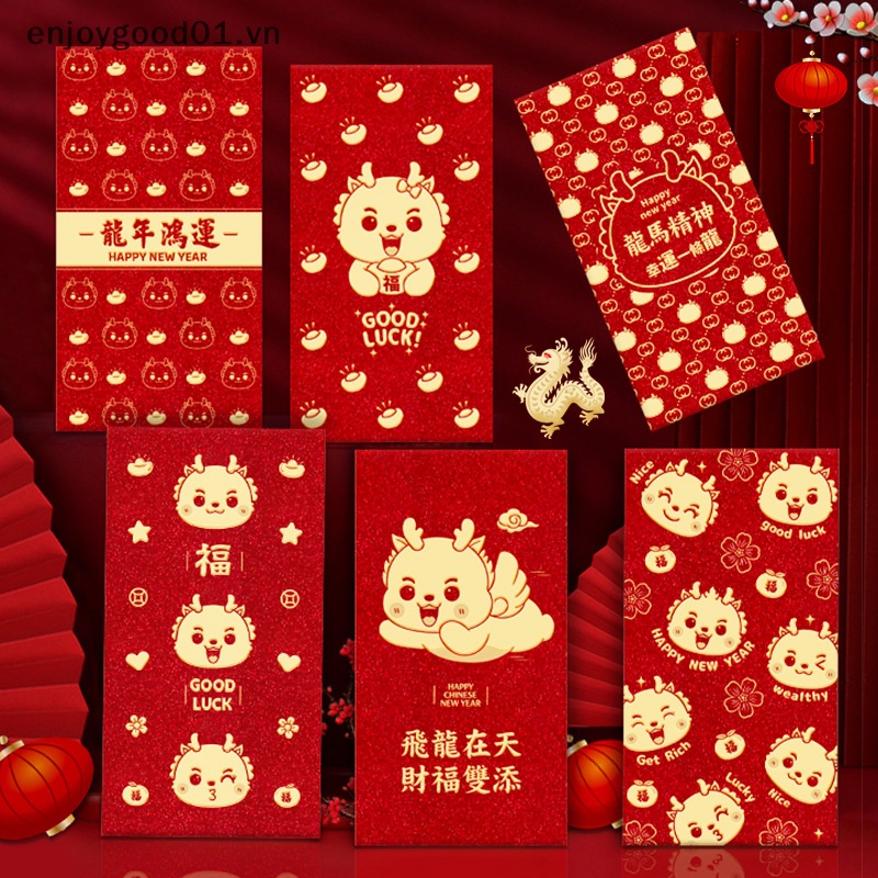 Set 6 Bao Lì Xì Năm Mới 2024 Họa Tiết Rồng Lấp Lánh Màu Đỏ May Mắn Làm Quà Tặng Cho Bé