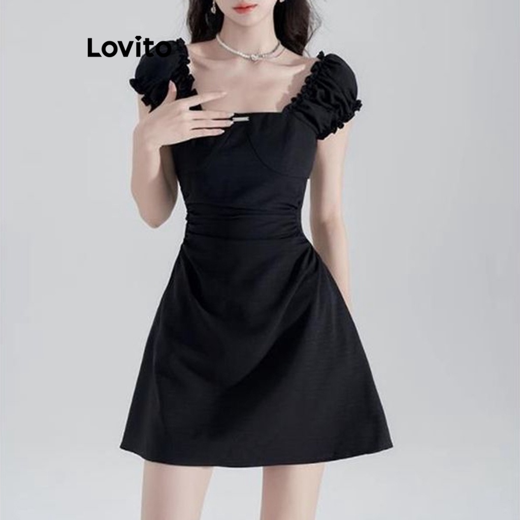 Đầm chữ a ngắn Lovito váy xinh nhẹ nhàng xếp nếp viền nhún bèo màu trơn thường ngày cho nữ LNA20065