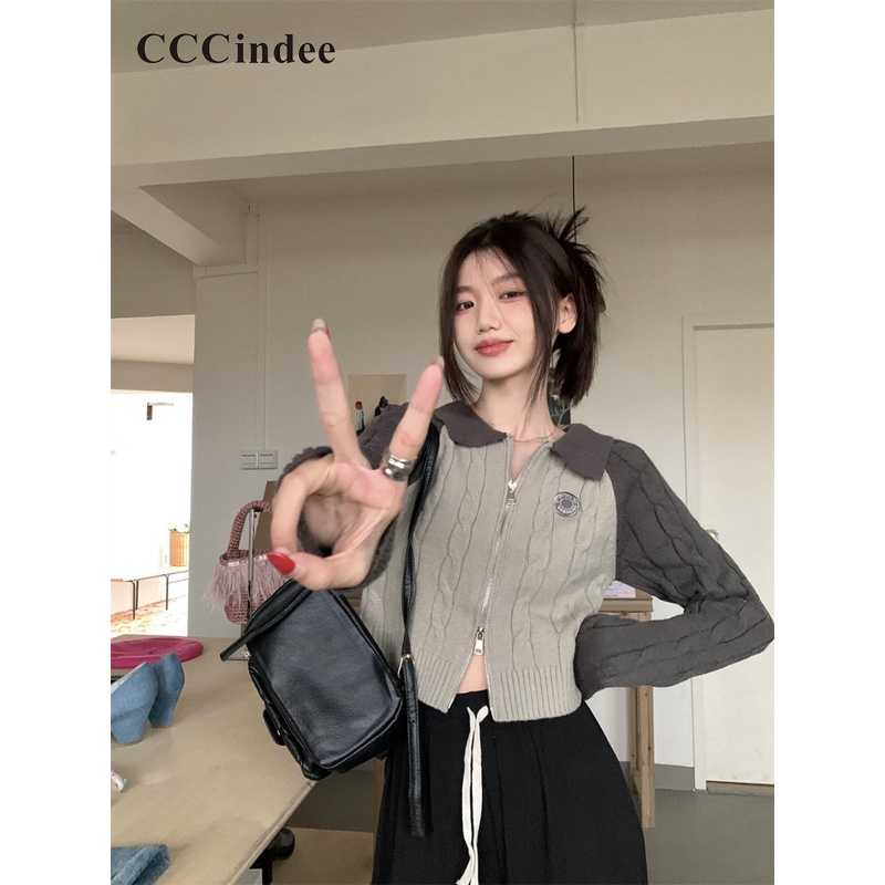 Cccindee Áo Khoác Tay Dài Cổ Bẻ Hai Khóa Kéo Ôm Dáng Màu Tương Phản Thời Trang Mới 2023 Dành Cho Bạn Nữ