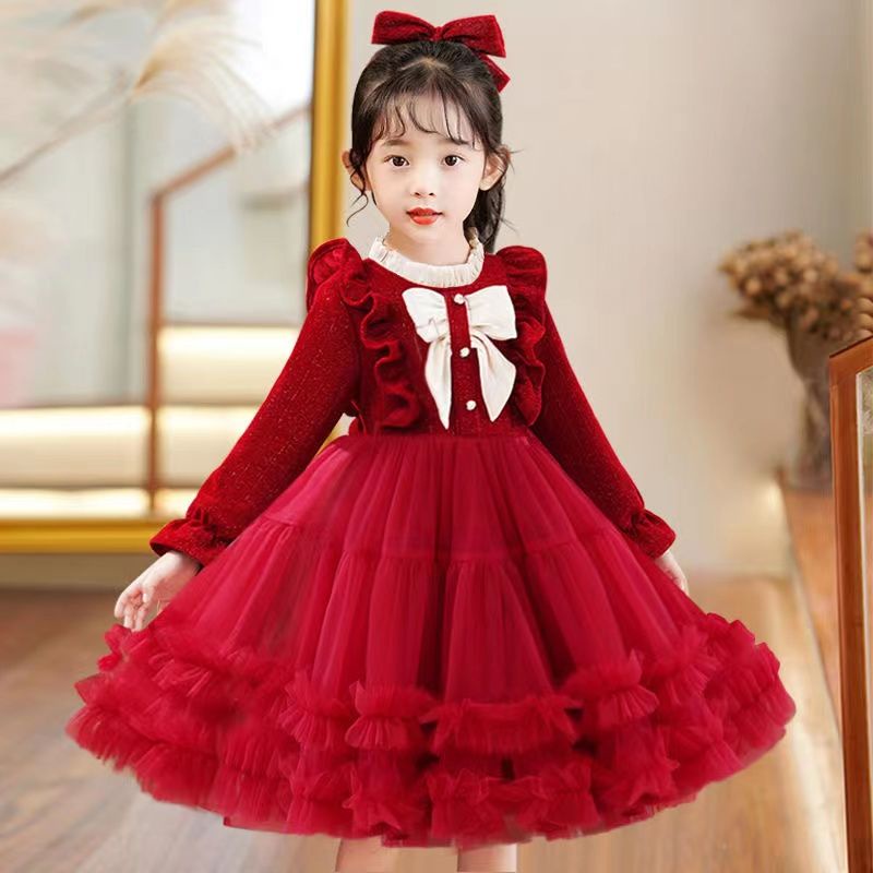 Đầm Công Chúa Chất Nhung Đính Nơ Thời Trang Thu Đông Xinh Xắn Cho Bé Gái