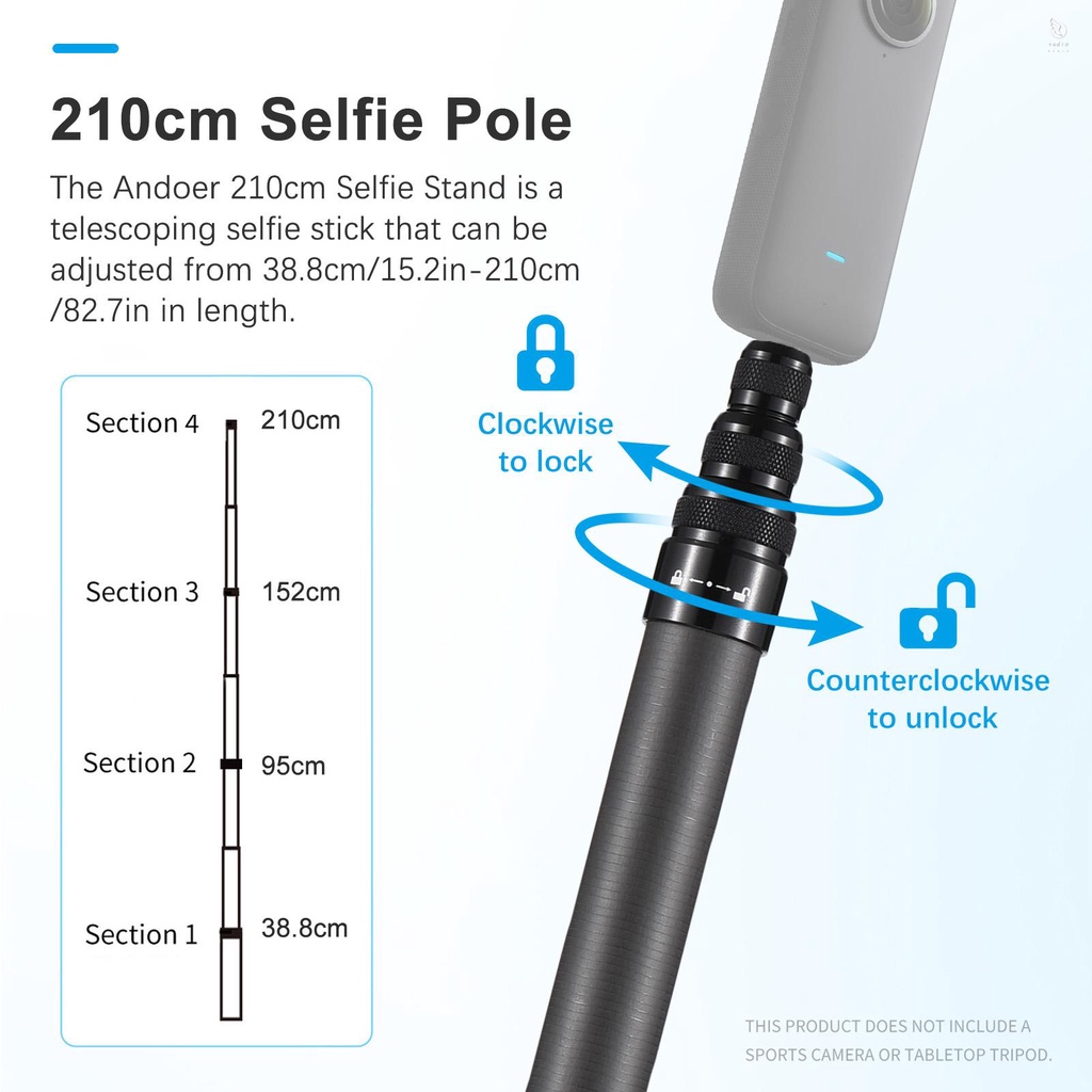 Gậy selfie andoer 2.1M / 82.6 inches Bằng Sợi carbon Gậy selfie 3 Phần Với Vít 1 / 4in Tương Thích Với insta360 x2 / x3
