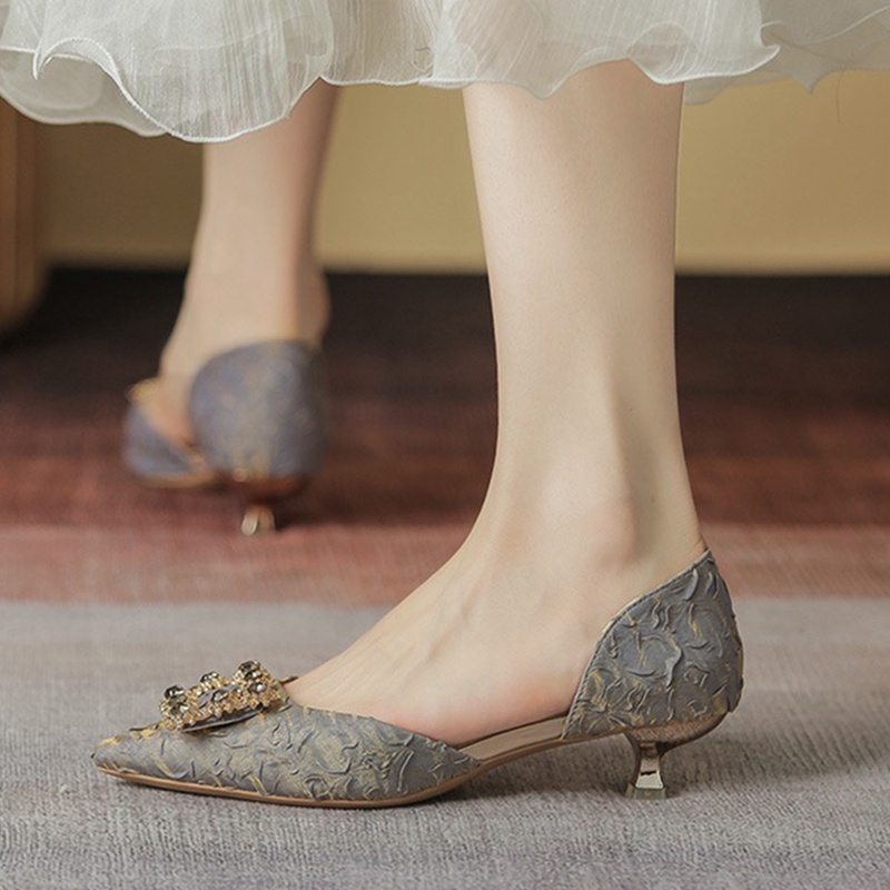 Giày Cao Gót 3.5cm Mũi Nhọn Đính Đá Phong Cách Hàn Quốc Mới
