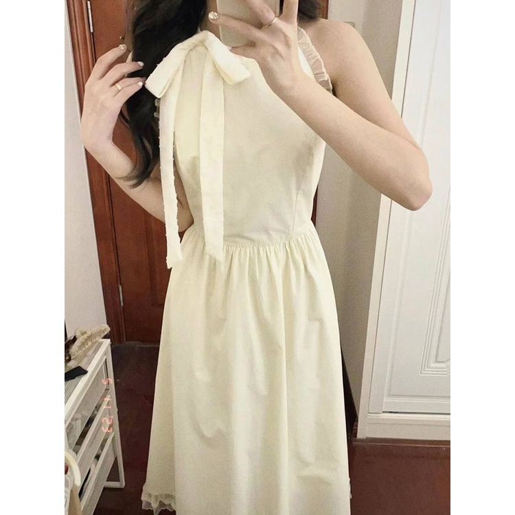 Kdkdp Đầm Lửng Màu Trắng Cổ Treo Thắt Nơ Phong Cách Ngọt Ngào Thời Trang Mùa Hè Cho Nữ Sinh