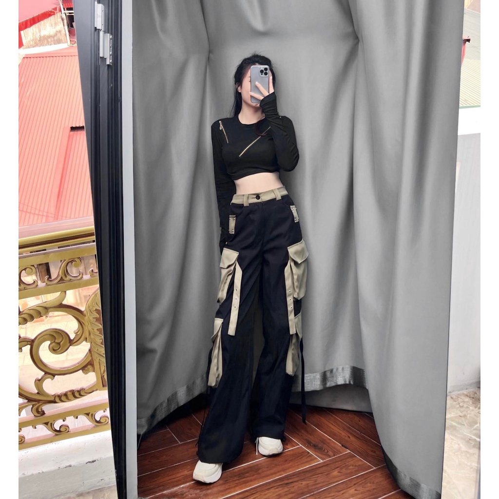 Set áo ngắn khóa chéo quần xuông túi hộp SD21