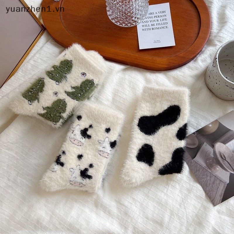 Zhen Vớ Nhung San Hô Giữ Ấm Mùa Đông In Họa Tiết Bò Sữa Vui Nhộn sox vn