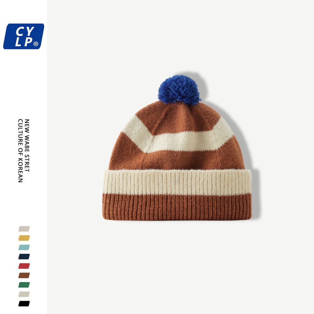 Mũ Len Kẻ Sọc Nhiều Màu Đính Quả Bông Dễ Thương Phong Cách Hàn Quốc Cho Nam Và Nữ