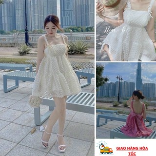Đầm babaydoll 2 dây hở lưng phối nơ, Đầm công chúa dáng xòe dễ thương