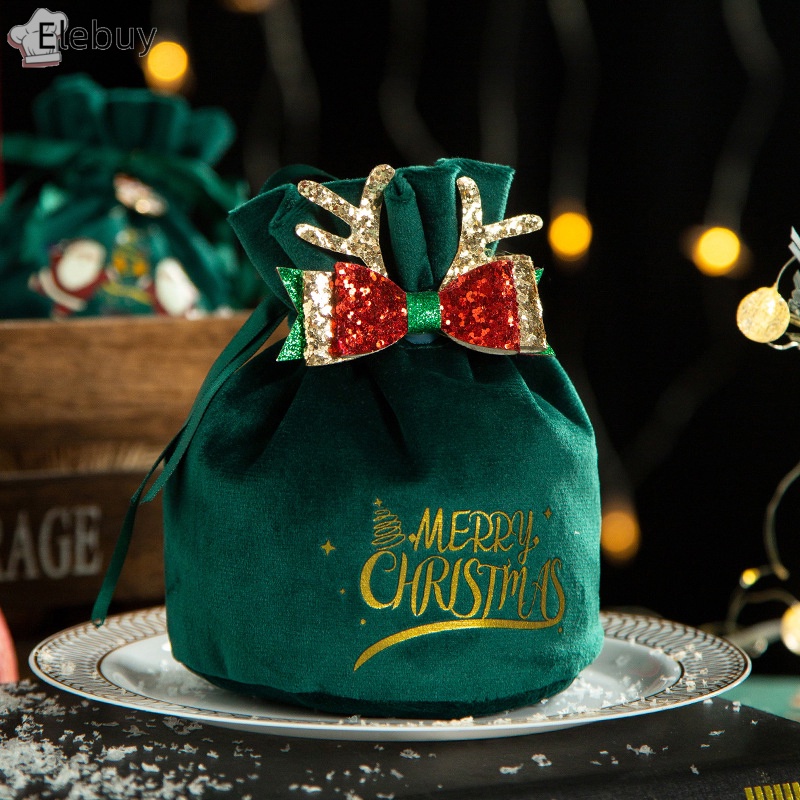 Túi Nhung Dây Rút Đựng Quà Giáng Sinh / Năm Mới Có Tay Cầm Hình Ông Già Noel