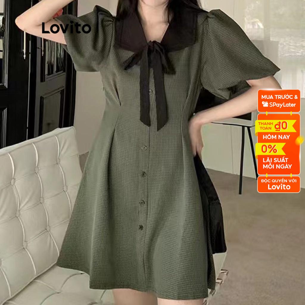 Đầm LOVITO dáng chữ A nút cài trước thắt dây trước cổ tương phản kẻ sọc thường ngày cho nữ LNE05061 (màu xanh lá cây)