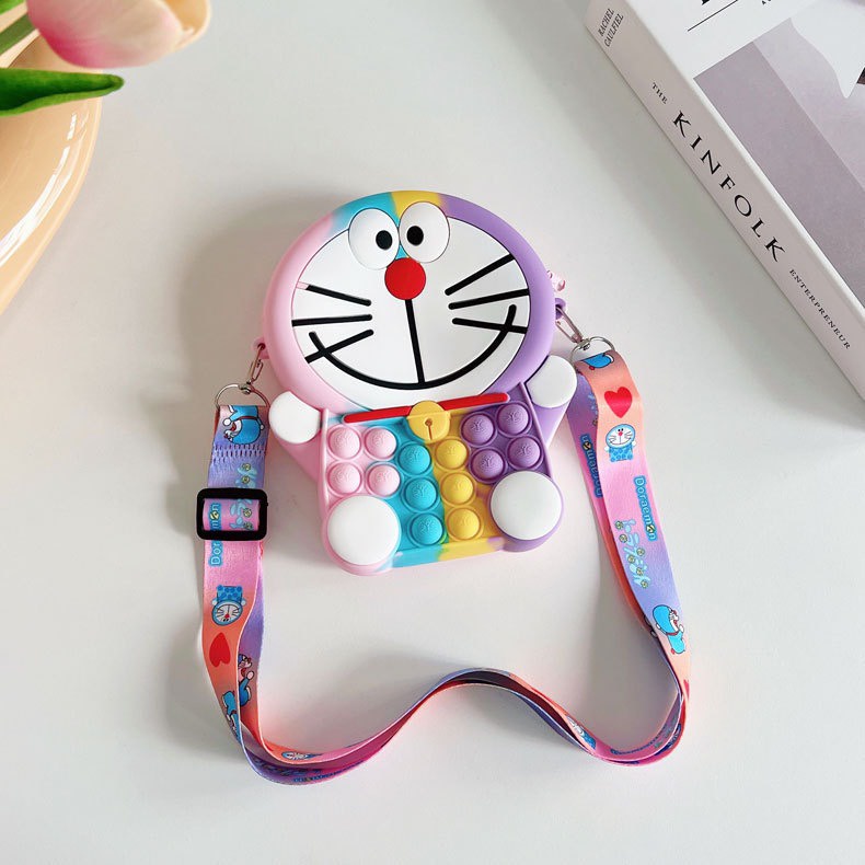 Túi xách đeo chéo silicon pop it hình doraemon thời trang dễ thương, bong bóng giảm căng thẳng