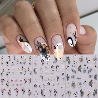  Hama Đề Can Dán Móng Tay Họa Tiết Hoa Lá Cỏ Xuân Hè Nổi 5d Màu Trắng Đen Cổ Điển 