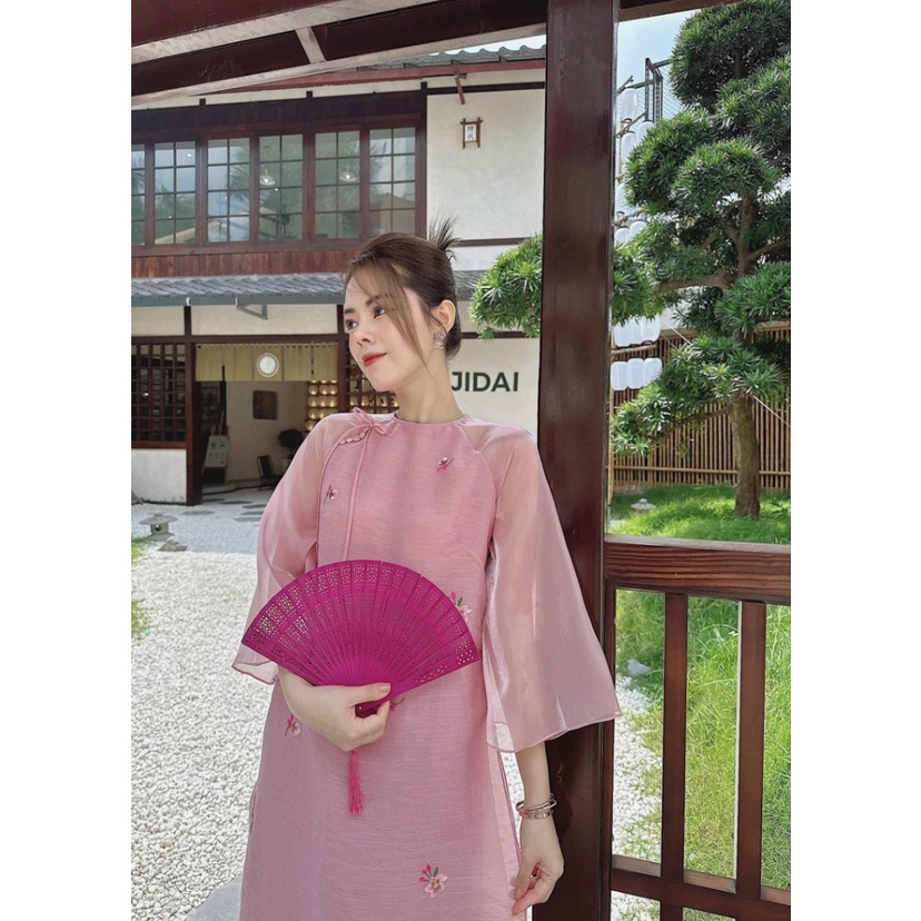 S38 - SET ÁO DÀI NỮ HỒNG CÚC VAI THÊU HOA