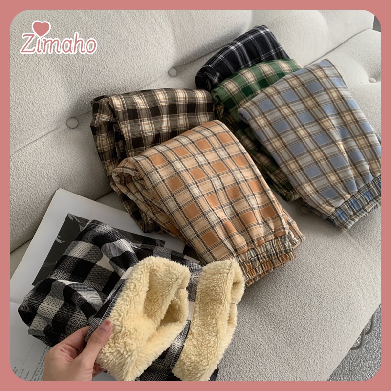 ZIMAHO❤ Quần Dài Ống Rộng Lưng Cao Họa Tiết Kẻ Sọc Thời Trang Mùa Đông Cho Nữ
