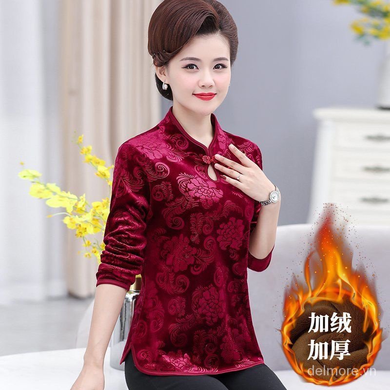 Áo Thun Tay Dài Lót Nhung Dày Dặn Giữ Ấm Mùa Đông Phong Cách Dân Tộc Mới Cho Mẹ Và Bé