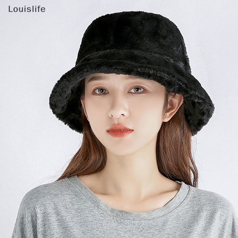 Nón Bucket Lông Giả Màu Trơn Giữ Ấm Mùa Đông Cho Nữ