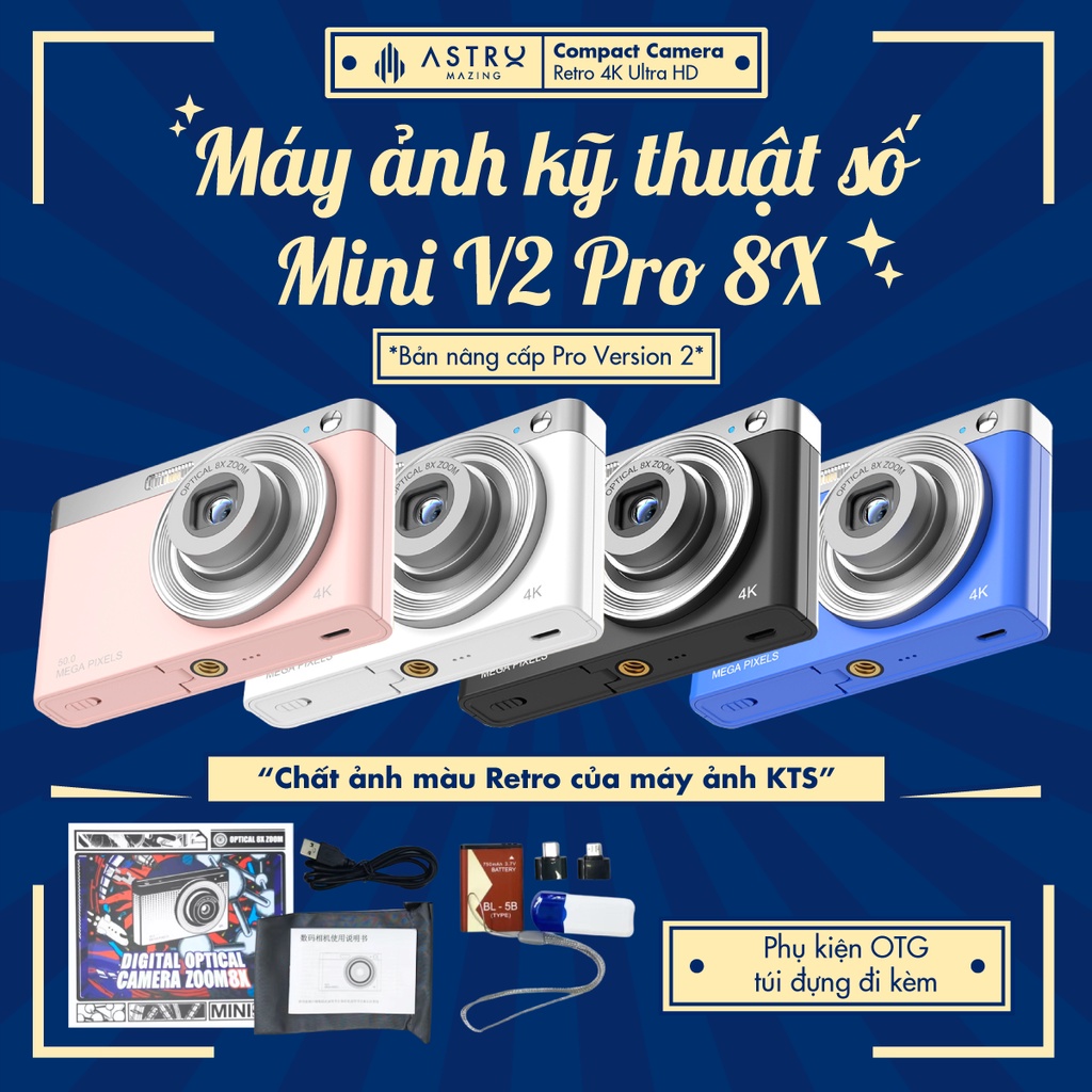 [Retro V2 Pro 8X] Máy ảnh kĩ thuật số Digital Mini Camera V2 Pro by AstroMazing - Quay, chụp 50MP, siêu mỏng nhỏ gọn