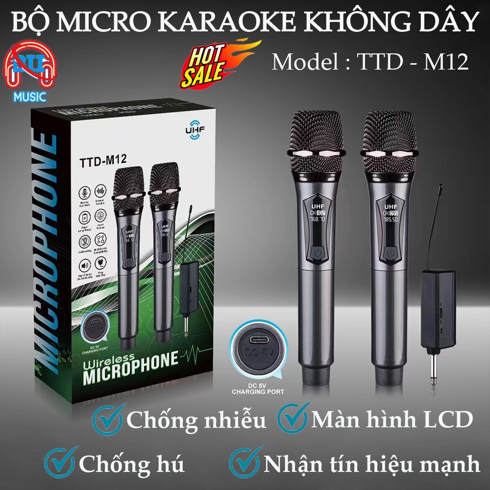  Mic hát karaoke Micro không dây TTD - M12 cao cấp chống hú chống nhiễu - Mic hát dùng cho loa kéo âm li 