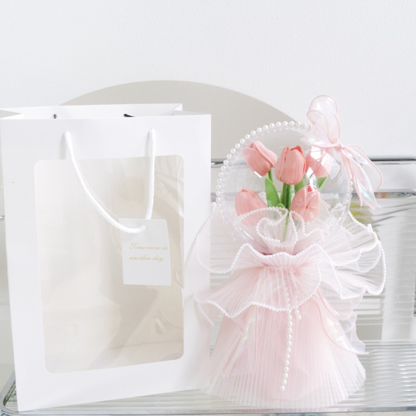 Bó hoa Tulip bóng Mica để bàn - Quà tặng Decor cao cấp - Tặng kèm túi thiệp đèn