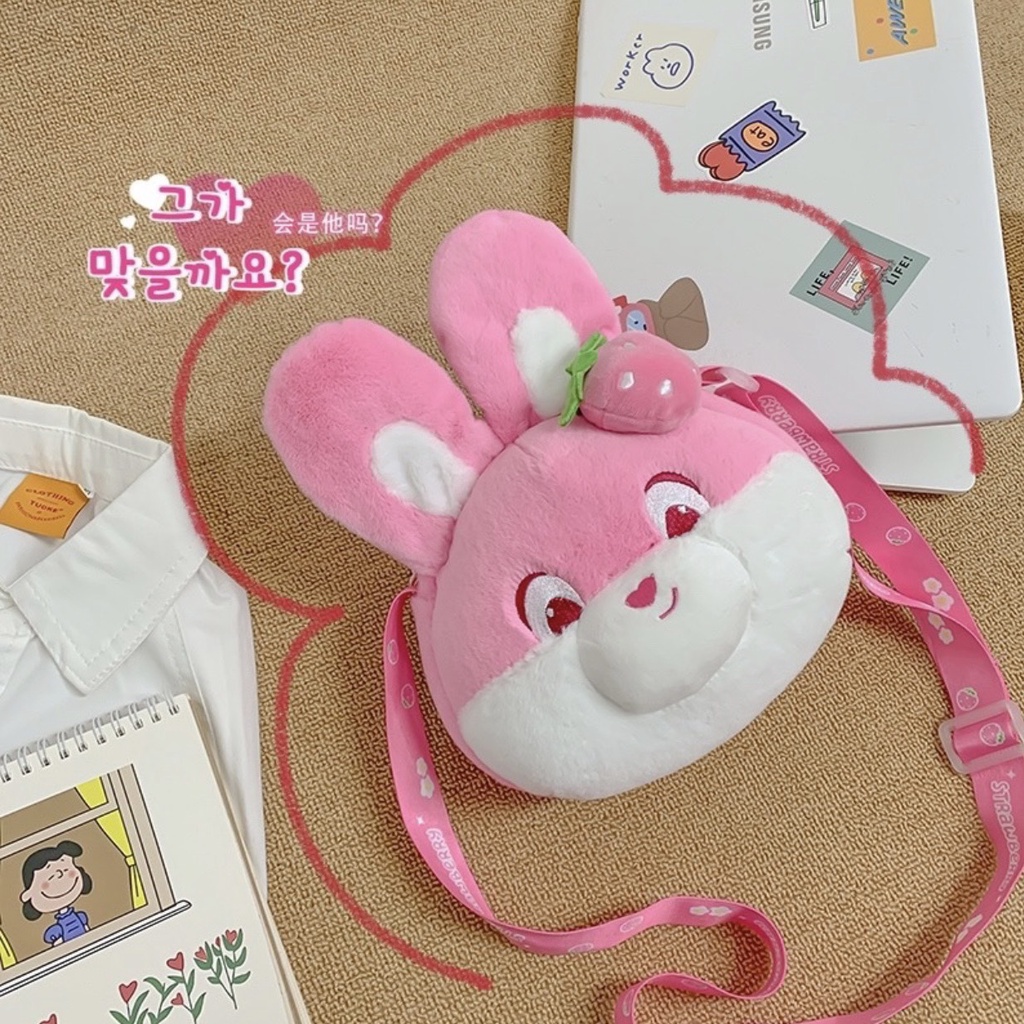 Túi Đeo Chéo Gấu Nhồi Bông Hình Mặt Thỏ Dâu Hồng Dễ Thương