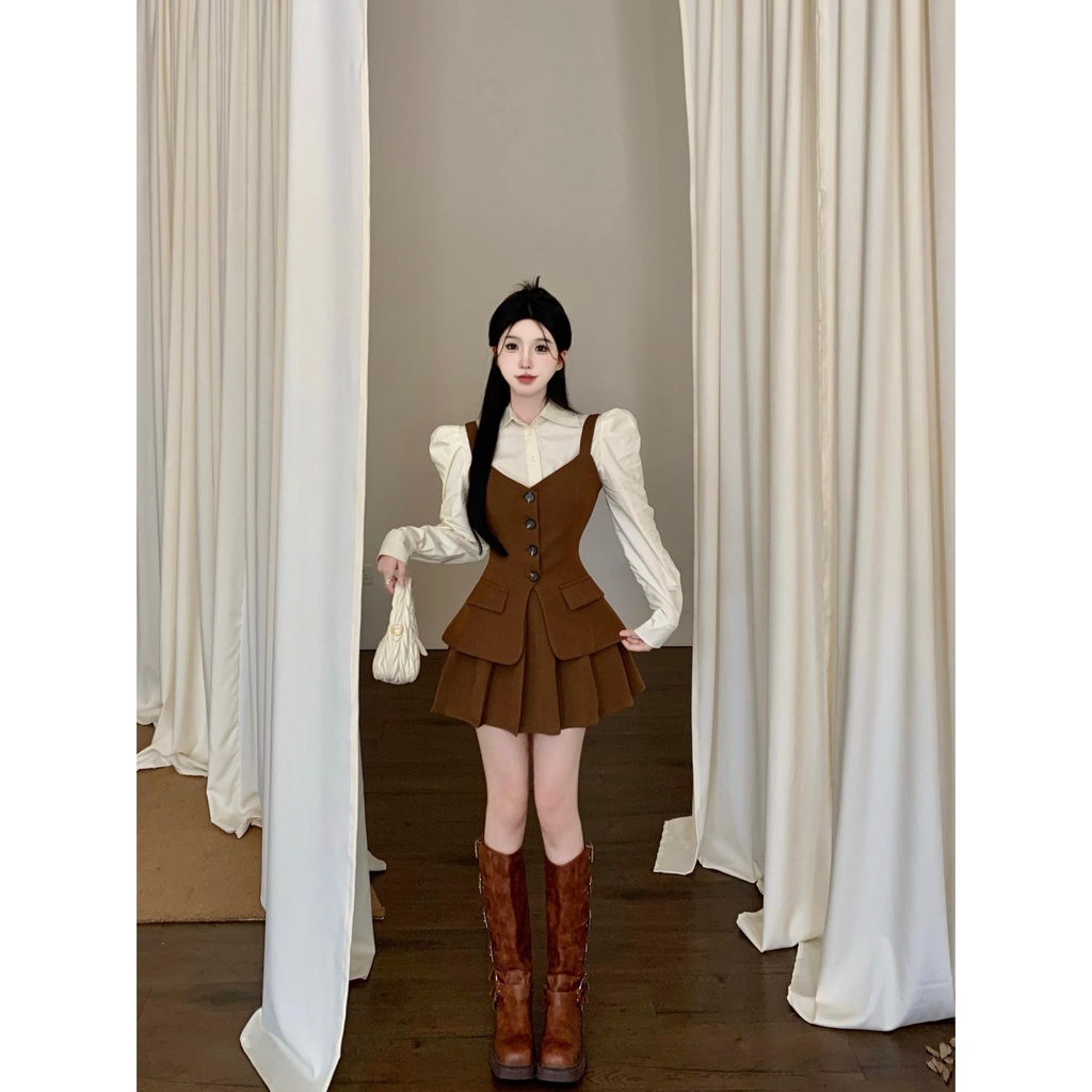 Bộ Áo Sơ Mi Tay Phồng + Chân Váy Xếp Ly Thời Trang retro Cao Cấp Cho Nữ